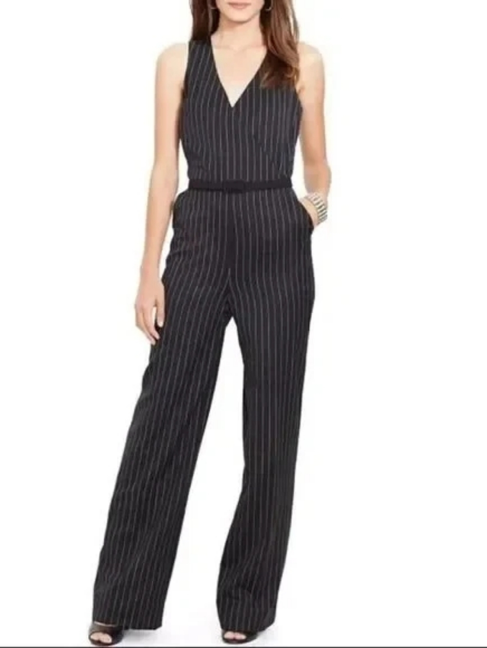 Lauren Ralph Lauren,10p Black Pinstripe V-Neck Sleeveless Jumpsuit
